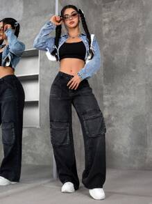 SHEIN EZwear Women's Casual Washed Wide-Leg Cargo Jeans