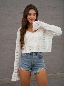 INAWLY Cardigan Ringan Leher V Putih Berongga untuk Musim Gugur untuk Wanita - Putih - View 3