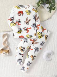 SHEIN Young Boy 2pcs Cute Puppy & Rabbit Pattern Round Neck Raglan Long Sleeve Top And Long Pants Soft Comfy Tight Fit Pajama Set - Multicolor - View 1