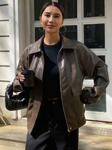 DAZY 秋季新款宽松休闲PU皮女式夹克，秋季女装皮夹克