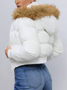 SHEIN Tall 女士拉链领毛茸茸连帽休闲棉服外套，冬季 - 白色 - 查看 2