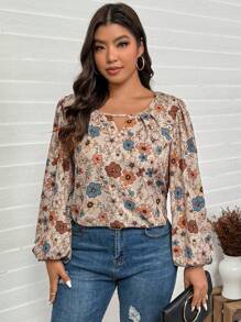 SHEIN LUNE Camisa con estampado floral de manga farol informal para tallas grandes, adecuada para conjuntos de estilo boho, vaquera, hippie, bohemio y occidental para mujer en otoño, verano y primavera, especialmente para festivales, vacaciones de primavera y raves.