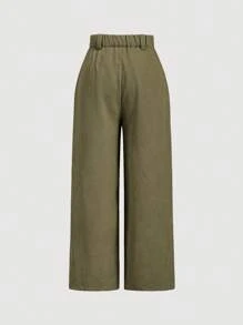 SHEIN MOD Plus Size Women's Solid Color Pleated Wide Leg Pants - Army Green - View 2