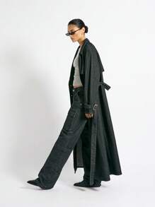 AiiRZ Extra Long Denim Trench Coat Two Piece Set High Rise Cargo Jeans Fall Winter Y2K Double Breasted Belt Grunge Street Style Outfit Collection - Black - View 4