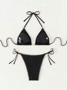 SHEIN Swim 2pcs/Set Women's Sexy Bandage Tie Neck Beach Bikini Set, Special Fabric Summer - Black - View 2