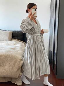 DAZY Striped Loose Lapel Belt Waist Cinched Mid-Length Bathrobe Pajama