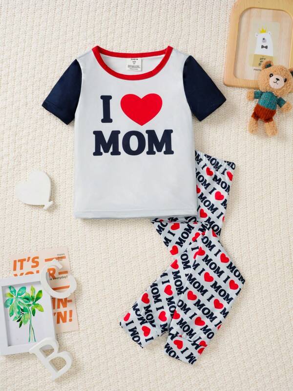 SHEIN 2pcs Young Boy Casual Valentines Letter Graphic Short Sleeve Top And Allover Print Leggings Snug Fit Set