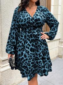 SHEIN Clasi Plus Size Women Leopard Print Overlap V-Neck Lantern Sleeve Fashion Dress, Autumn
