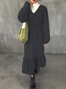 FRIFUL Vestido largo informal de mujer de unicolor con lazo de atar y volantes en el bajo, otoño