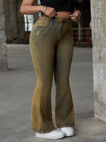 SHEIN ICON Plus Size Women Pockets Flared Casual Versatile Jeans
