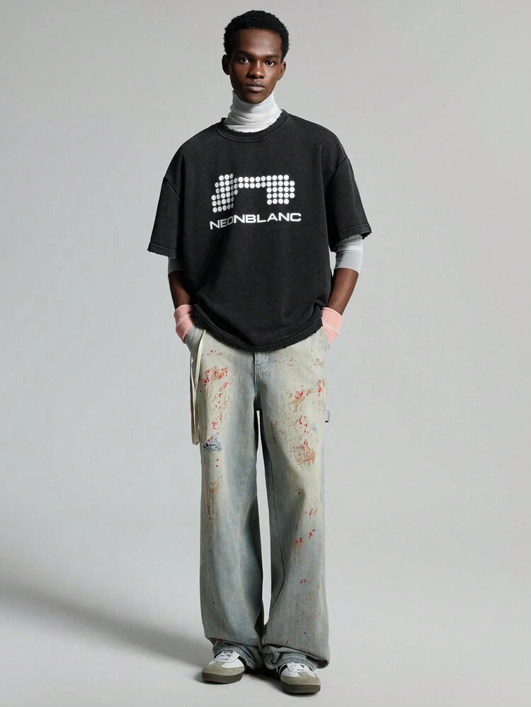 Men's Round Neck Letter Print Dropped Shoulder Short Sleeve Knit Baseball T-Shirt