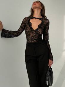 Aloruh Áo cánh tay dài hở lưng ren đen gợi cảm cho lễ hội âm nhạc, Giáng sinh - màu đen - Xem 4