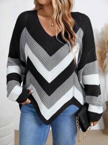 大码女式条纹 V 领落肩长袖宽松针织套头衫，秋冬款