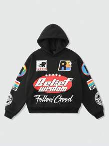 ROMWE MEN Street Life Men's Letter Print Loose Cropped Hoodie Sweatshirt, Street Style For Autumn/Winter - Black - View 3