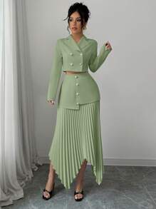 Elenzga Elegant Women's 2 Pieces Set:Tailored Collar Cinched Waist Buttoned Jacket & Asymmetrical Hem Pleated Skirt - Mint Green - View 4