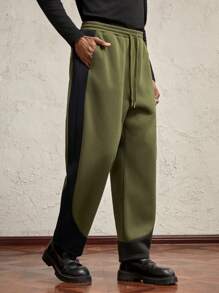 AKNOTIC Business Casual Herren gestrickte Farbblockgummizug-Gerade-Passform Lässig hose, geeignet für tägliches Kombinieren - Armeegrün - Übersicht 1