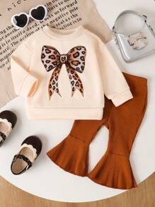 Baby Girls Autumn Halloween Pumpkin Print Ribbed Flare Pants 2 Pieces Set - Brown - View 1