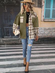 SHEIN LUNE Casual Plaid Patchwork Regular Jacket, Spring/Autumn - Olive Green - View 3
