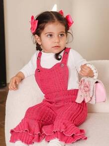 SHEIN Baby Girls High Neck Solid Knitting Top And Velvet Heart Shaped Flared Pants Set, Autumn