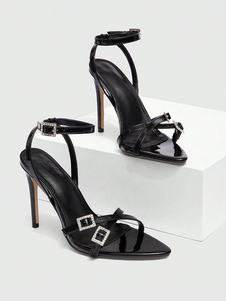 CUCCOO SZL Sexy Fashion Criss-Cross Rhinestone Buckle Decor Pointed Toe Stiletto Heel Casual Versatile Open Toe Black High Heel Sandals For Sexy Date Party For Christmas And New Year Holiday Vibe Fall And Winter