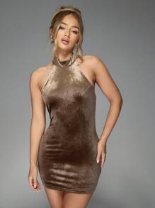 MISSGUIDED Velvet Polo Halter Neck Backless Bodycon Mini Dress - Brown - View 1