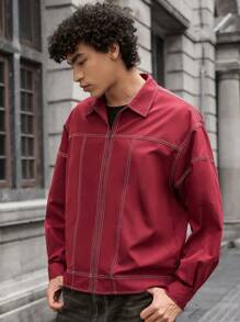 Manfinity VCAY Loose Solid Color Half-Placket Young Casual Short Sleeve Woven Shirt For Men, Urban Vintage Zipper Jacket Long Sleeve Dark Red Jacket, For Friends, Husband, Boyfriend Gifts