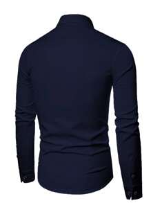 Manfinity Mode 男士纯色纽扣长袖简约休闲衬衫，商务休闲衬衫，男士长袖正装衬衫，秋季款 - 藏蓝色 - 查看 2