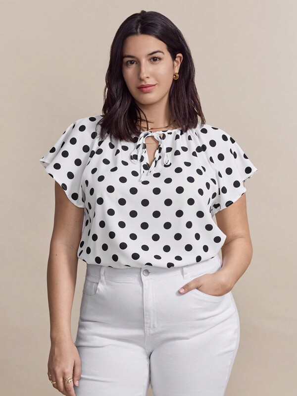 Chikora Blusa de manga corta simple con estampado de lunares para mujer de talla grande, de verano