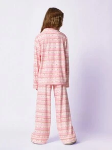 SUMWON Christmas Holiday Set Long Sleeve Button Up Collared Shirt With Matching Pants Fair Isle Heart Pattern Winter Collection Cozy Comfort - Pink - View 2
