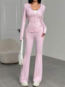 SHEIN EZwear 2 件套女士拉链连帽运动衫和休闲喇叭裤套装，秋季 - 粉色 - 查看 6