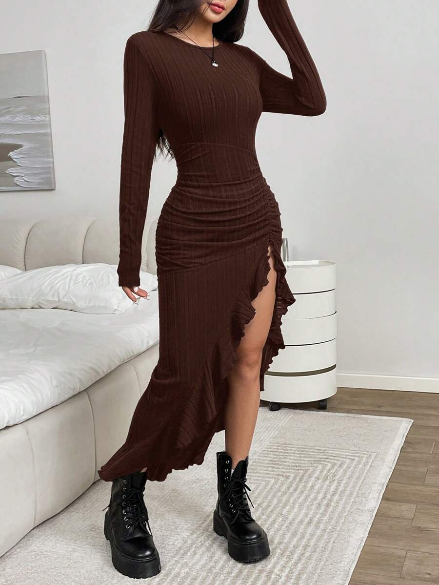 SHEIN EZwear 棕色针织女式圆领长袖侧开衩下摆紧身连衣裙