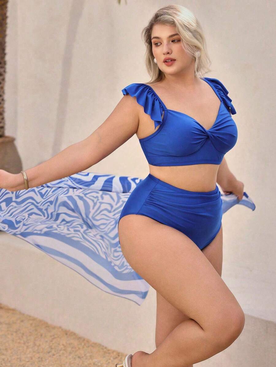 Swim Oasis Plus Size Women 3-Piece Set: Adjustable Spaghetti Strap Top With Ruffle Trim, Crop Top & High Waist Briefs In Navy Blue, With Detachable Blue & White Zebra Striped Printed Wrap, Scarf & Cover Up Cardigan Summer - Blue - View 1