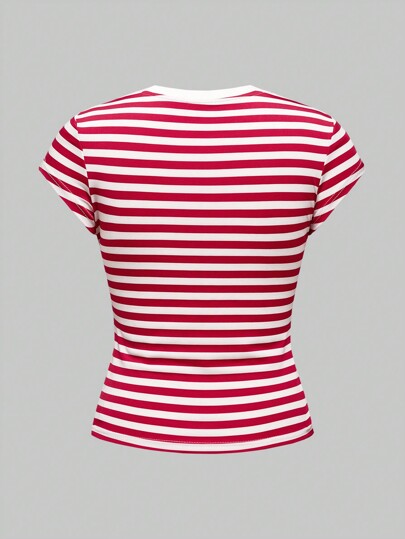 Striped Cute Cartoon Print Women's T-Shirt, Summer
