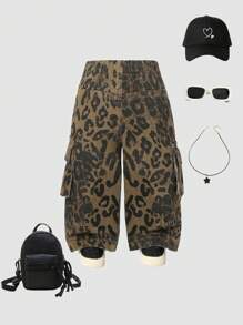 女婴 Y2K 街头服饰迷彩牛仔裤，配松紧腰带