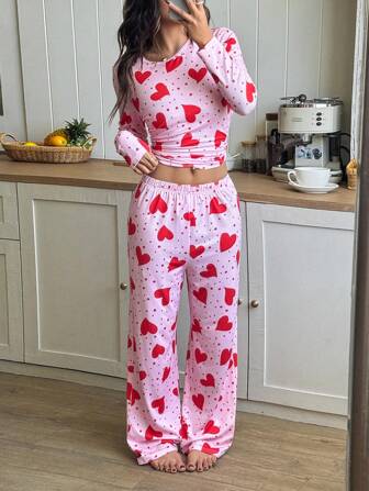 SHEIN 2 stuks/set tienermeisjes schattig en eenvoudig hartprint ronde hals lange mouw T-shirt en losse pyjamabroek, casual loungewear