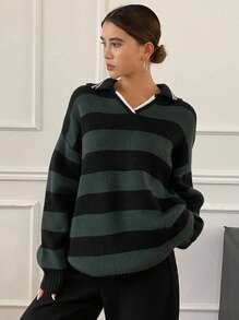 DAZY Loose Stripe Pattern Embroidery Long Sleeve Sweater For Women,Fall Women Clothes - Green - View 3