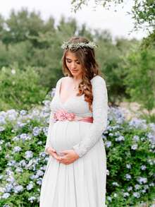 Schwangerschaftskleid im Maxilänge mit Spitze V-Ausschnitt und Langarm für Fotoshooting, Babyparty - Weiss - Übersicht 4