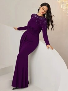 Veilorie Vrouwen ronde hals lange mouw gerimpelde taille splice flounce zeemeermin maxi elegante jurk met strass detail bescheiden