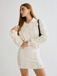 Enchnt 1 szt. Elegancki sweter damski w jednolitym kolorze z 3D kwiatowym wzorem, jesień - Beżowy - Zobacz 6