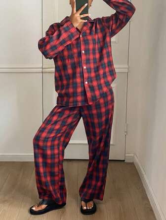 DAZY Christmas Plaid Print Front Buttoned Long Sleeve Top And Loose Pants Sleepwear Set Pajama