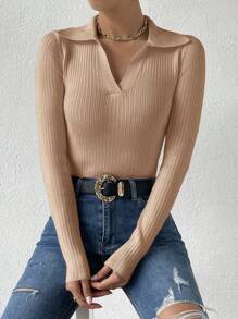SHEIN Unity 1 pieza Suéter de mujer de unicolor de manga larga, ajustado y con textura, suéter de punto de otoño/invierno - Camel - Ver 6