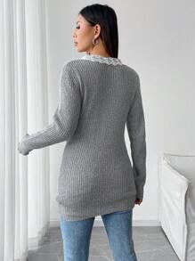 Chiquease Eleganter Damen V-Ausschnitt Pullover Sweater mit Spitzenbesatz, Langarm, minimalistisches Design Strickpullover Herbst Winter