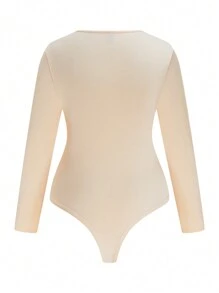 Calvaya Plus Size Solid Color Round Neck Slim Fit Casual All-In-One Bodysuit, Long Sleeve, For Winter - Multicolor - View 3