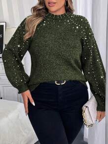 Calvaya Plus Size Women's Elegant Drop Shoulder Long Sleeve Faux Pearl Decorated Sweater, Autumn/Winter Knit Pullover Fall