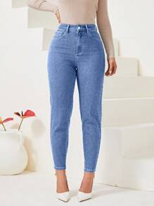 SHEIN Privé 高腰胡蘿蔔緊身牛仔褲 - 淺色水洗藍 - 查看 3