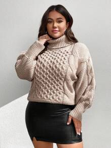 SHEIN Clasi Plus Size Women's High Neck Chunky Knit Raglan Pullover Sweater, Autumn/Winter Knit Pullover Fall - Camel - View 3