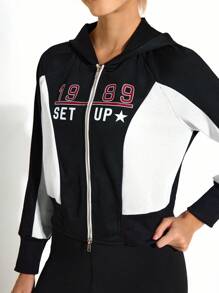 SHEIN Unity Contrast Color Hooded Zipper Letter Print Long Sleeve Sports Jacket For School & Sport Games - Black and White - View 6