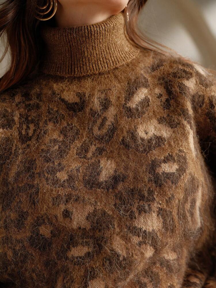 Women's Autumn/Winter Dropped Shoulder Long Sleeve European & American Retro Leopard Pattern Turtleneck Sweater Knit Pullover Fall