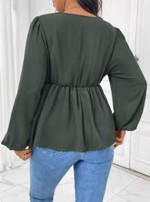 SHEIN Frenchy Plus Size Casual Solid Color Lantern Sleeve Shirt For Autumn - Green - View 6