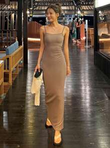 DAZY 女式方领细肩带修身高开衩连衣裙，节日花朵度假海滩，春夏露背/露背太阳裙，休闲女装 - 卡其色 - 查看 4